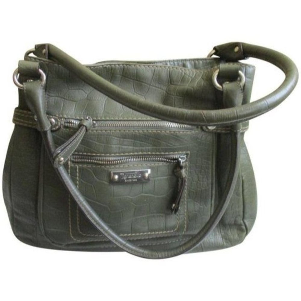 Tignanello Green Leather Croc Embossed Sectioned Tote Satchel